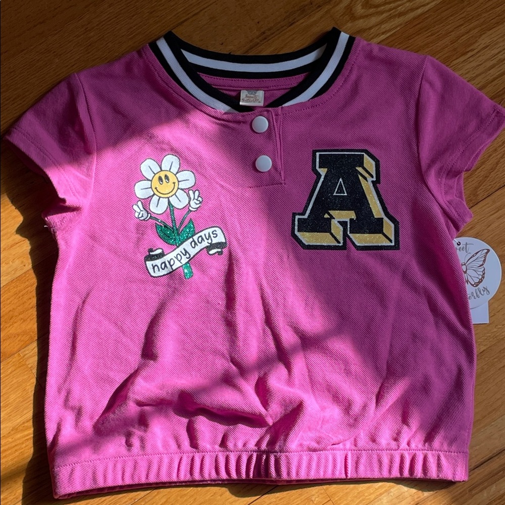 Butter Pink Short Sleeve Tee with Daisy Graphic & Varsity A Patch